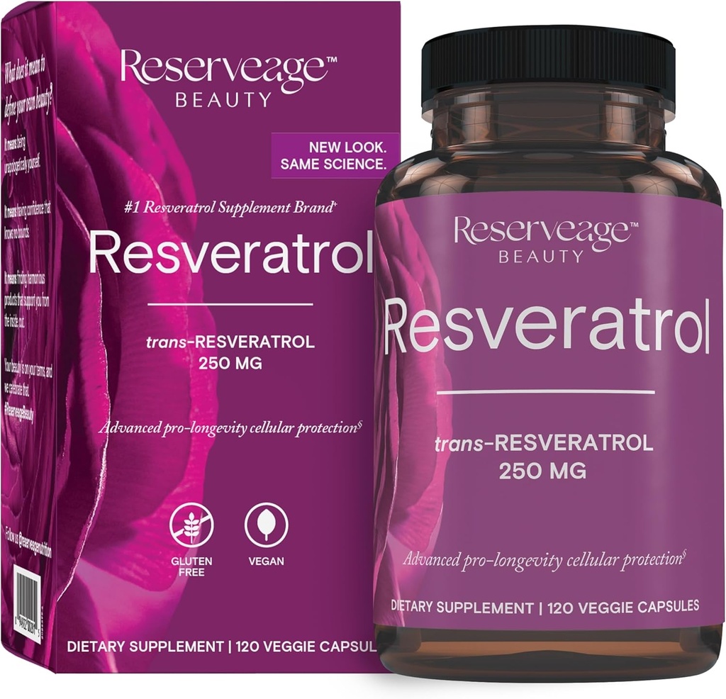 Reservage Beauty, Resveratrol 250 mg, Antioxidant Supliment pentru inima si sanatatea celulara, Suporturi Sistemul de imbatranire sanatoasa si imune, Paleo, Keto, 120 Capsule