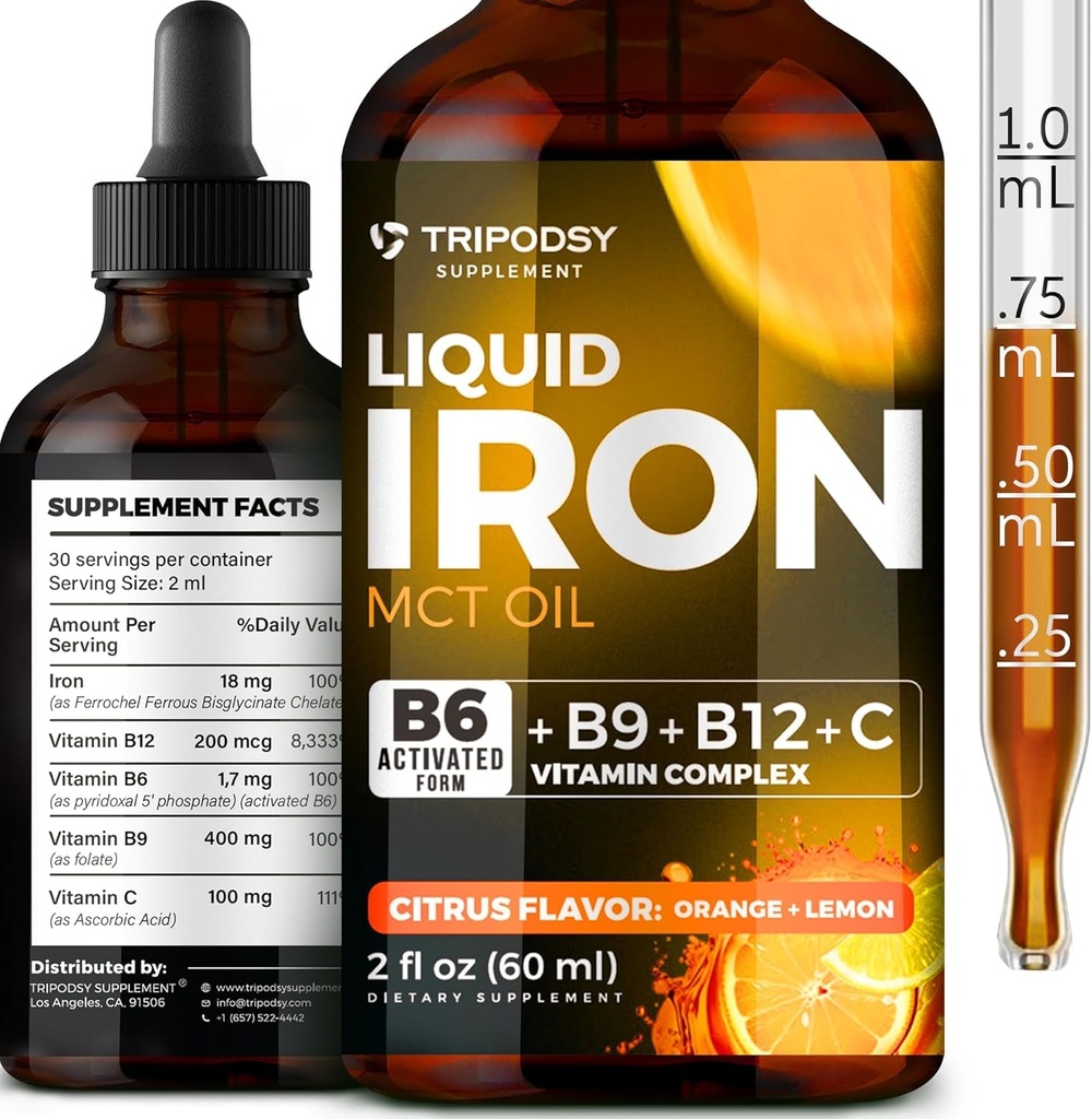 Liquid Iron Suplemen untuk Perempuan dan Pria - Iron Drops dengan B6, B9, B12, Vitamin C untuk Anemia, Pembangun Darah, Memadamkan untuk Red Blood Cell dan Imune Dukungan MCT Oil (2 FL OZ, Cirtruc)