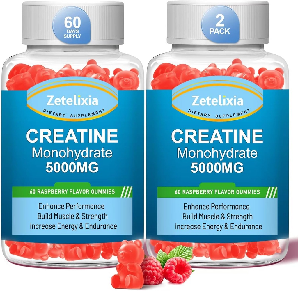 2 Pack creatina monohidrato Gummies, monohidrato de creatina para homes e mulleres, Fórmula mellorada con BCAA, vitamina B12, Taurine, apoio muscular, impulso de enerxía, azucre libre, vegano, 120 Conde