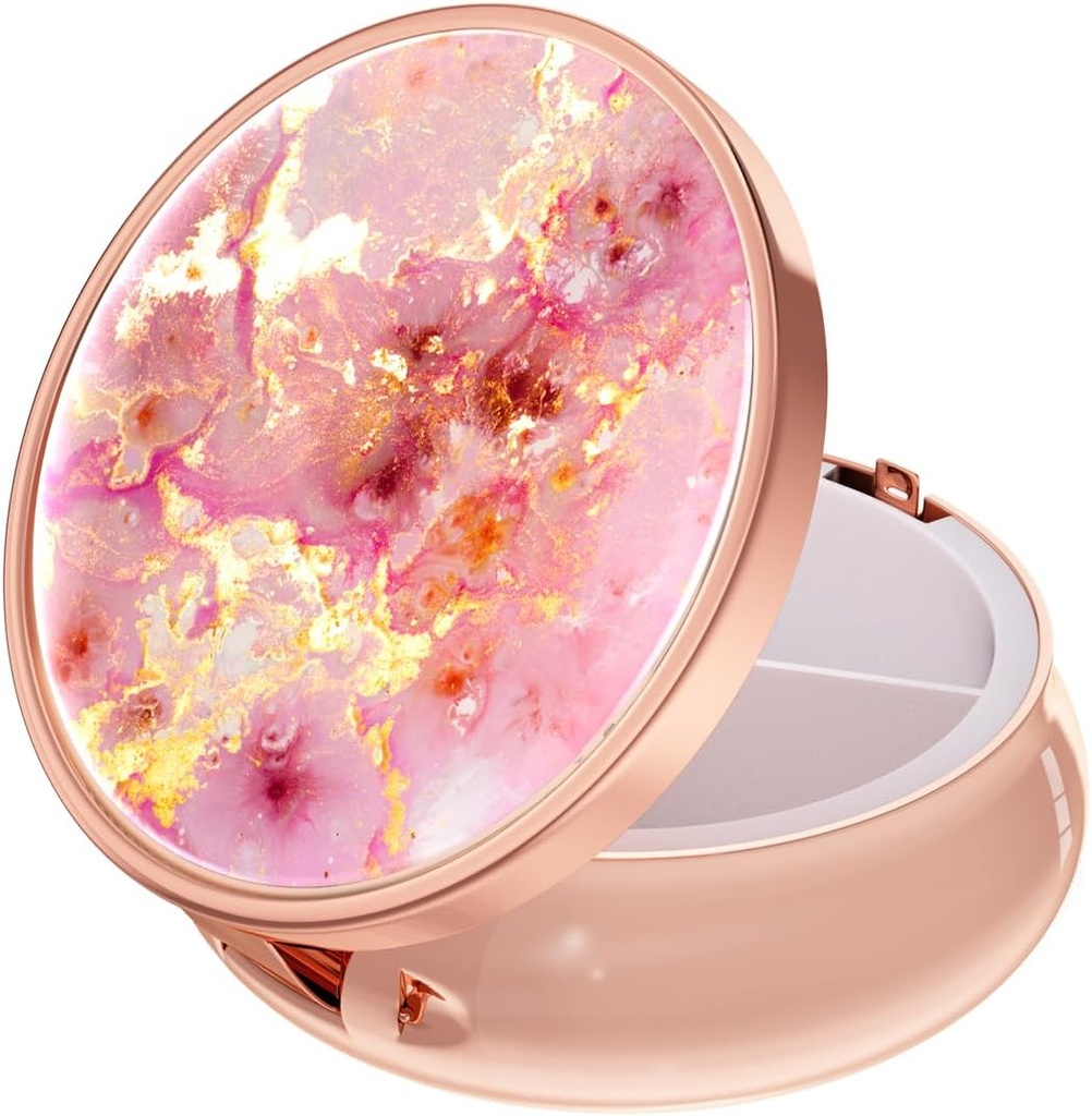 Rouidr Pill Box, 3 Segment Medicine Pill Case, Lille Metal Travel Medicine Box for purse & Pocket, Rose Gold, Gold Pink Marble