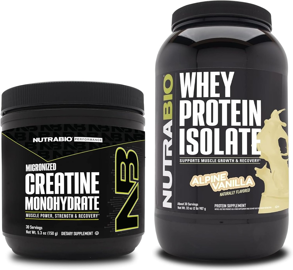 NutraBio Creatina Monohidrat, Nearomate, 150g și Whey Proteine Izolat, Vanilie alpină, Supliment Bundle - Energie musculară, Lean musculare creștere, recuperare și putere