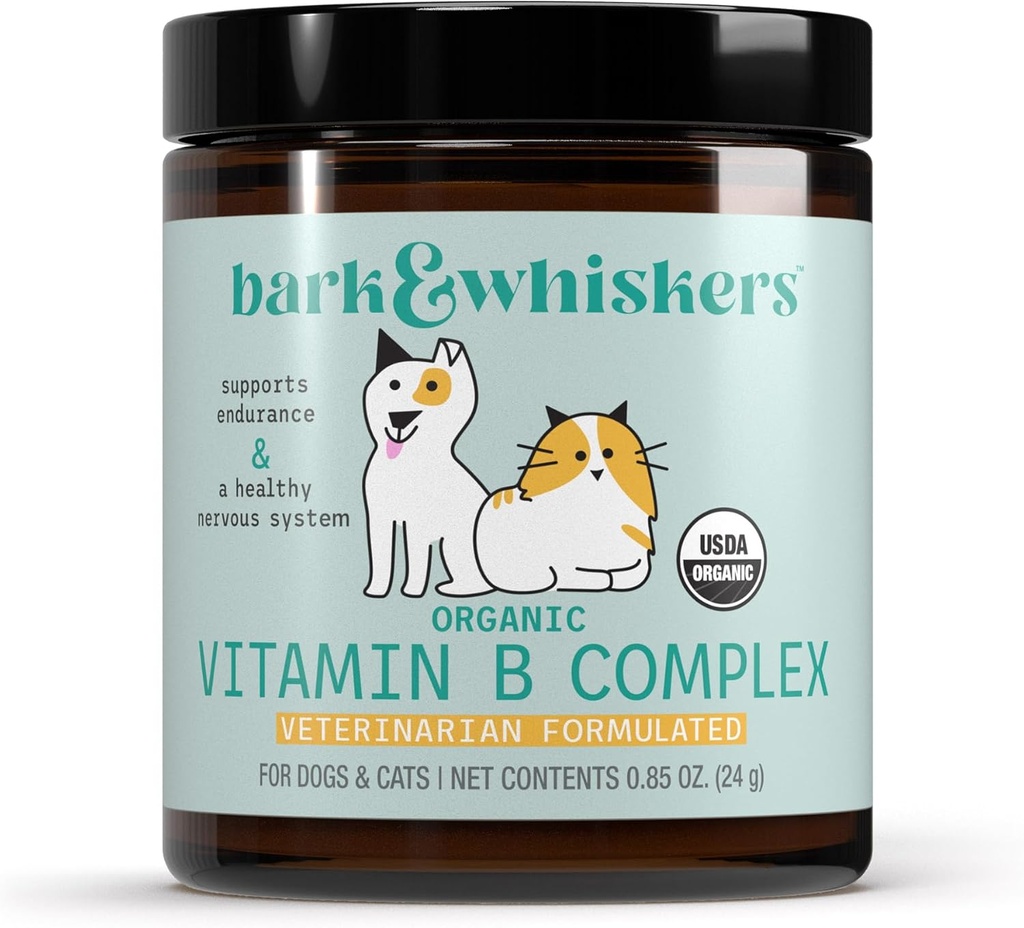 Bark & Wiskers Organic วิตามิน B Complex, 0.85 Oz. (24 G), 60 สโคปส์, รองรับระบบประสาทสุขภาพและความอดทน, สูตร Verterinianar, Not-GMO, Certifical USDA Orgicalic, ดร.เมอร์โคลา