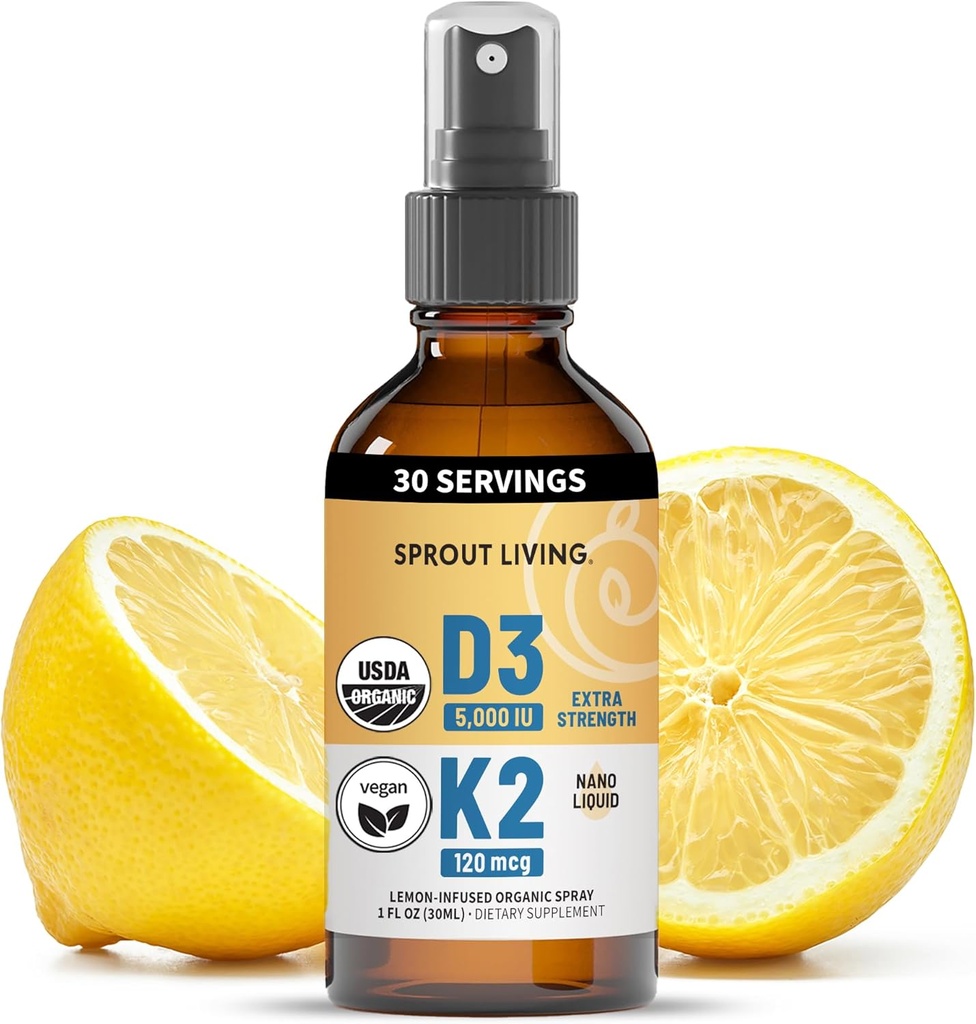 Organic Vitamin D3 5000 IU (Lichen) + K2 120 mcg (Fermented Chickpea), Immune, Bone ' Heart Health with Calcium Absorption ) Trace Minerals, Lemon ' Citrus, Sugar Free, Spray (1 FL OZ, 30 Servings)