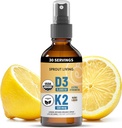 Organický vitamin D3 5000 IU (Lichen) + K2 120 mcg (fermentovaný chickpea), imunitní, kostní a srdeční zdraví s kalcium Absorpce 124; Stopy Minerály, Lemon & Citrus, Sugar Free, Spray (1 FL OZ, 30 Servings)