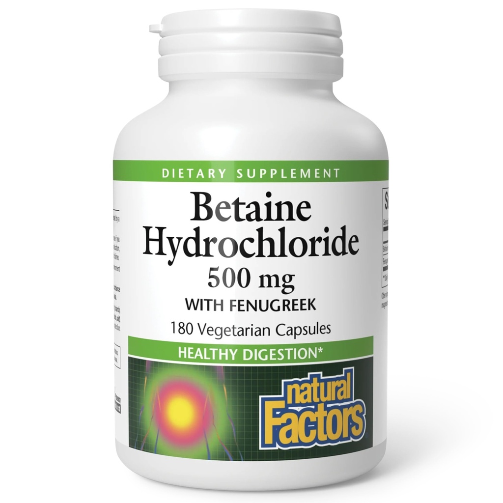 Natural Factors, Betaine HCL 500 mg, Supports Healthy Digestion and a Healthy Microbiome, 180 capsules (180 servings)