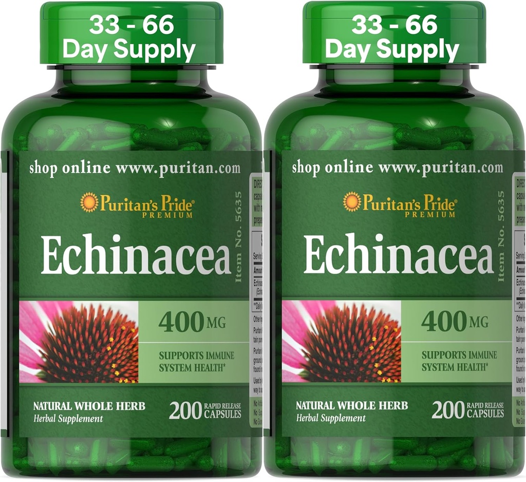 Puritan Pride Premium Echinacea Natural Whole Herb Herbal Supplement 400mg, Integratore alimentare per la salute, Supporto del sistema immunitario, 200 capsule di rilascio rapido, 2 Pack