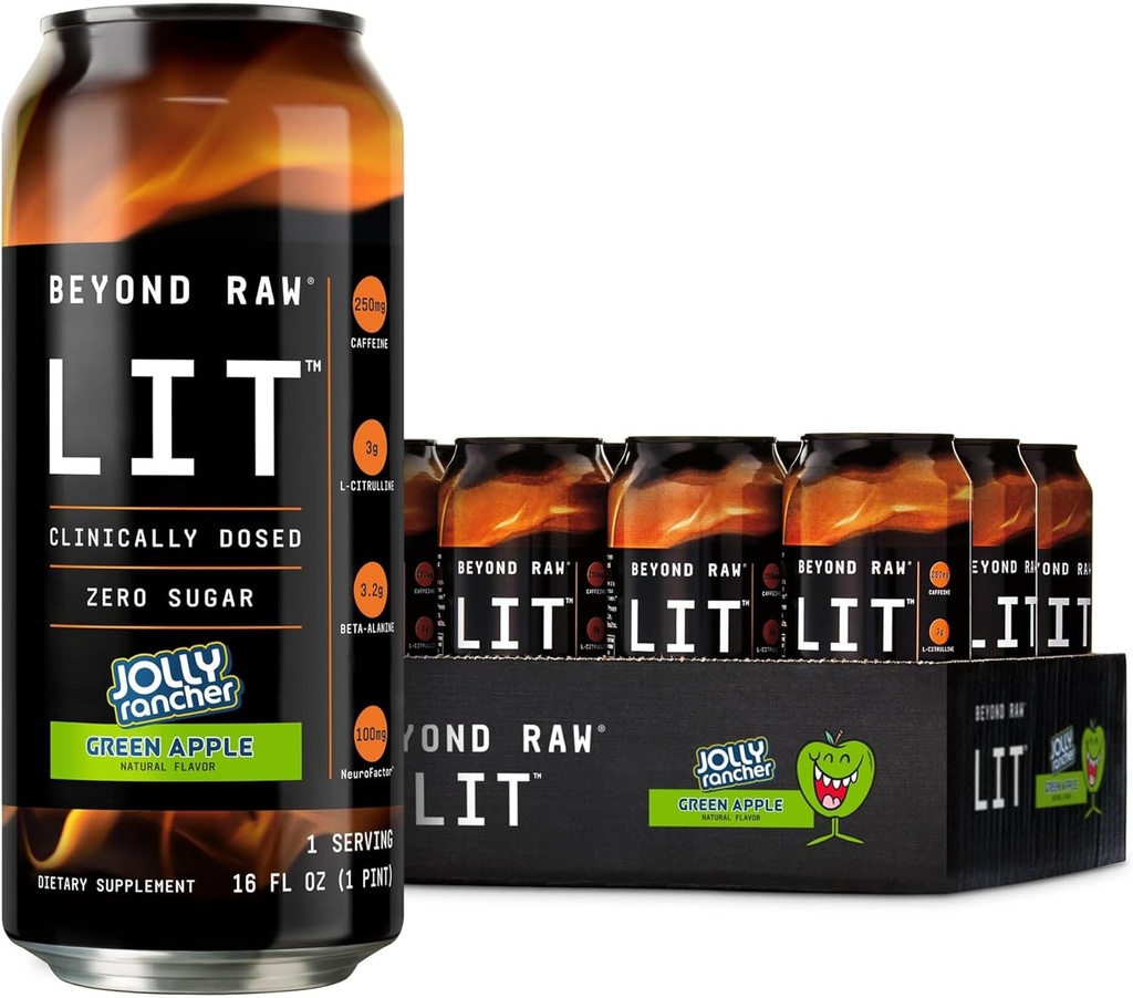 Além do LIT cru pronto para beber pré-treino, jolly rancher maçã verde, para energia, foco, intensidade e bombas, com óxido nítrico Boost, açúcar zero, 250mg cafeína com Beta Alanine, 12 latas