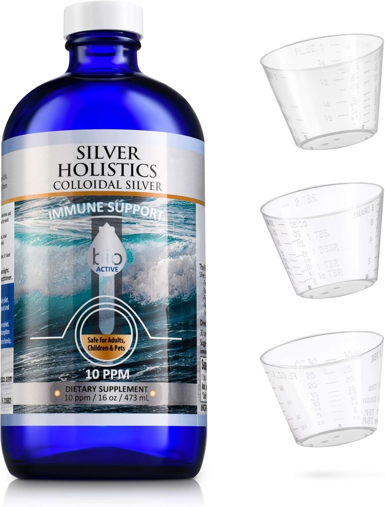 SILVER HOLISTICS Colloidal Silver Liquid 10PPM - Colloidal sølvflaske med målekopper - sølv Holistics Liquid for barn, voksne og kjæledyr - sølvtilskudd for immunstøtte (16 Oz.)