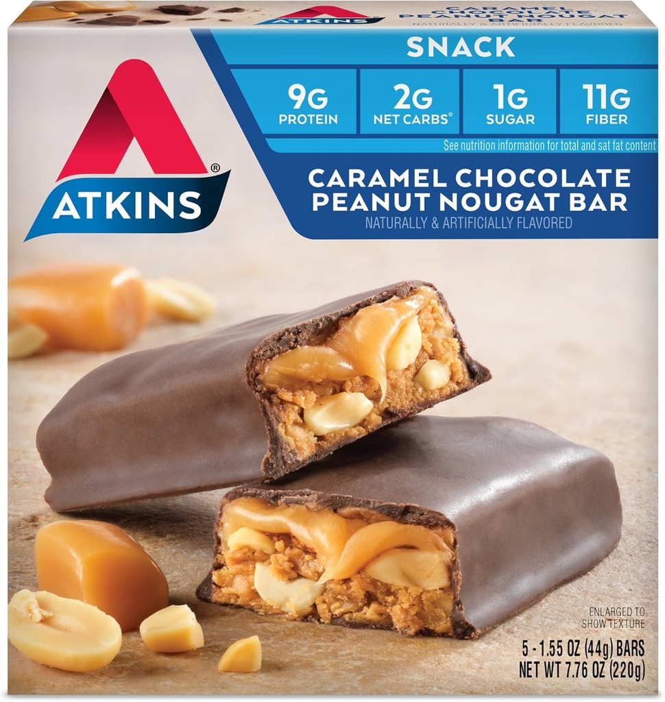 Atkins Caramel Chocolate Peanut Nougat Snack Bar, Protein Snack, Fiber, 2g Sugar, Keto Dostu, 5 Count