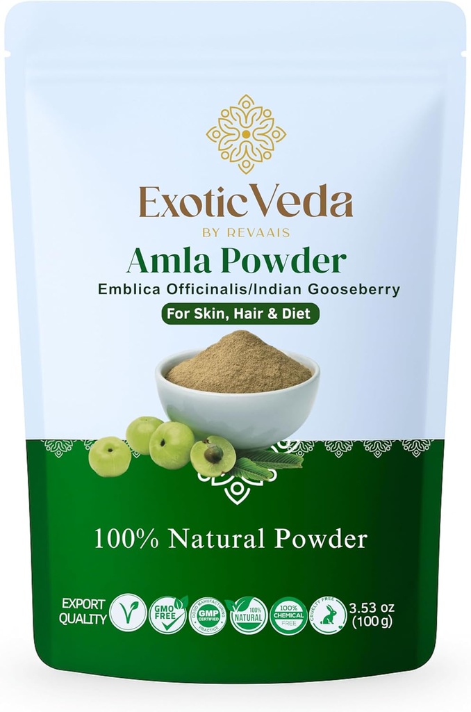 Amla Powder | 100% Pure & Natural Indian Gooseberry | Ayurvedic Herbal Supplement for Hair Care, Skin Glow & Wellness | Non-GMO, No Additives, Preservatives or Fillers | 100g Pouch