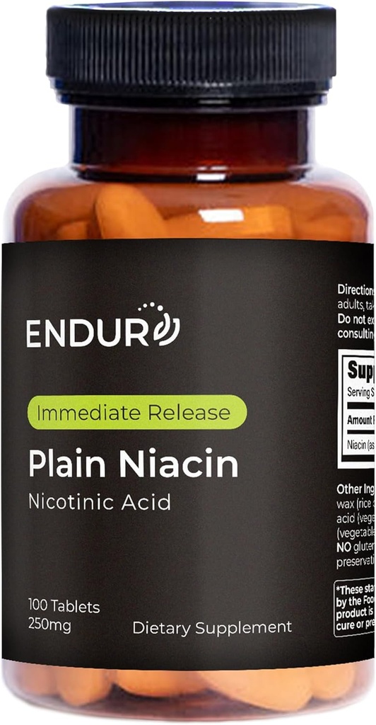 Endur Plain Niacin (Никотинова киселина), Heart Health & Health Cholesterol Balance Addition, Release Formula, Gluten Free, 250mg (100 таблетки)