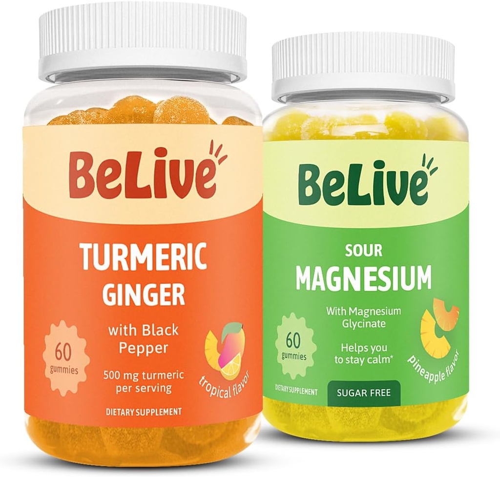 BeLive Bundle Manesium và Turmeric Gummies để thư giãn, ngủ, hỗ trợ miễn dịch và vận động