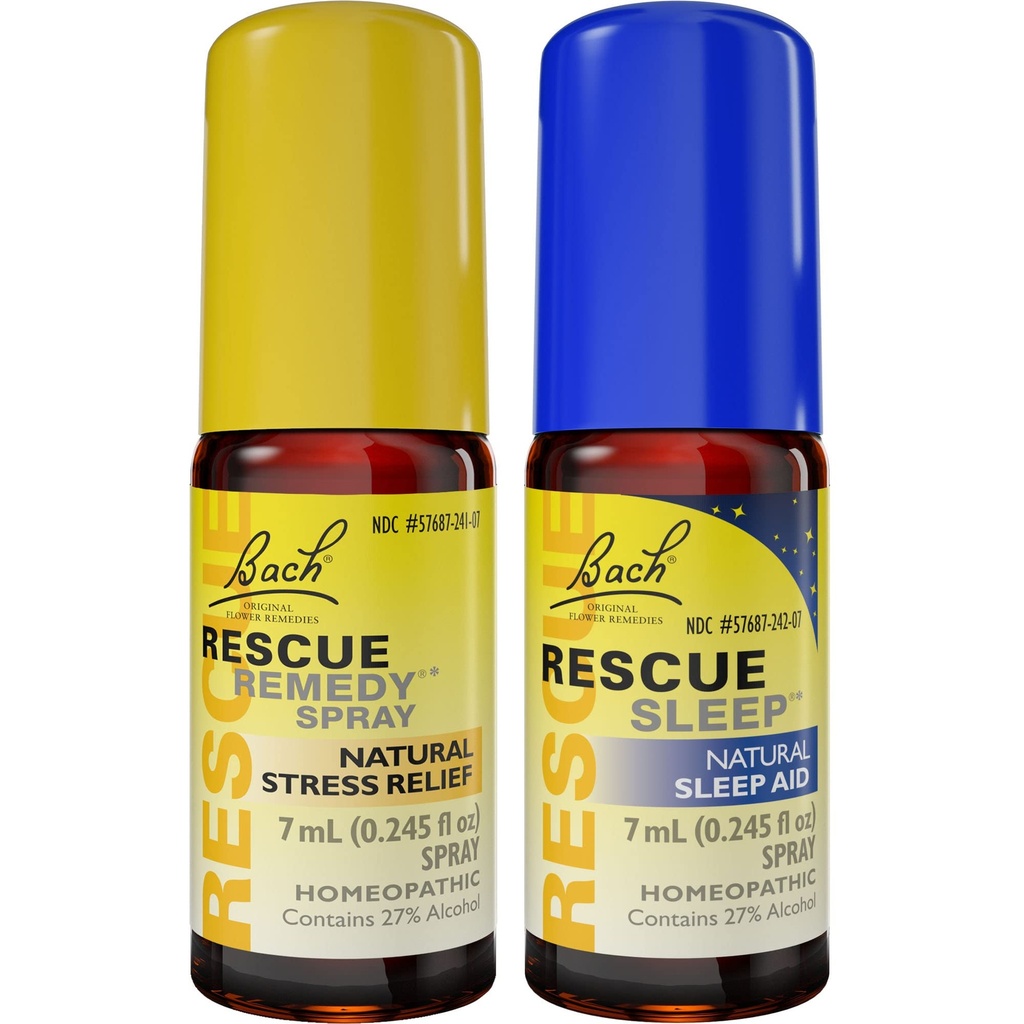 Day & Night Bundle, Bach RESCUE REMEDY Spray, Natural Stress Relief [and] RESCUE SLEEP Spray, Natural Sleep Aid - 2-Pk, Homeopathic Flower Essence, Vegan, 7mL Ea