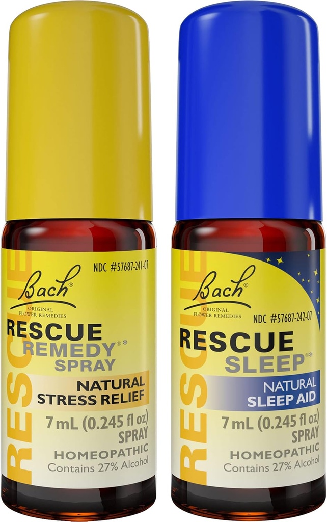 Day & Night Bundle, Bach RESCUE REMEDY Spray, Natural Stress Relief [dan] RESCUE SLEEP Spray, Natural Sleep Aid - 2- Pk, Homeopathic Flower Essence, Vegan, 7ML Ea
