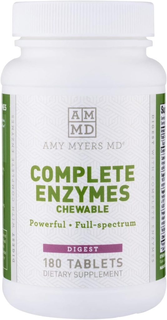 Amy Myers MD Digestive Enzymes Chewable – Complete Enzymes Support Leaky Gut, Acid Reflux, Gas, Bloating, Gluten Exposure – Amylase, Lipase, Lactase, Alkaline, Protease, Sucrase + Más – 180 Tablets