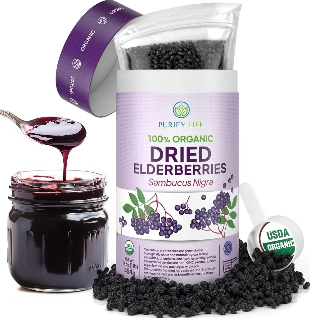 USDA אורגני Dried Elderberries 1lb Bulk (Safest Packaging, Resealable Bag, BPA-Free Scoop) טבעי, לא מוכר, Raw Whole Blackberry, Immune Support, Make Sambucus Elder Syberry Syrup, 1 פאונד