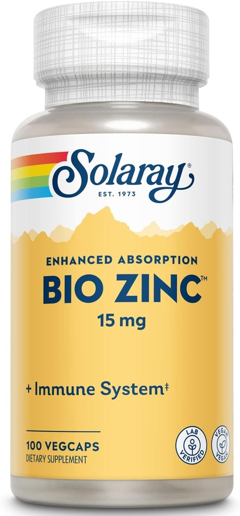 Solaray Bio Zync 15 mg | Sinc Complex สําหรับระบบสุขภาพ Immuny, Endocine & Cellary Profiles สนับสนุน | 100 Vegcaps