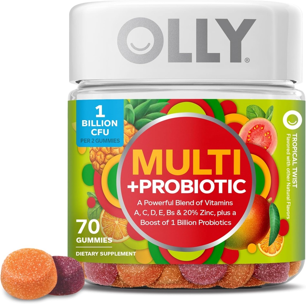 OLLY Multi + probiotikus felnőtt multivitamin gumi, 1 milliárd CFU, emésztési és immunszupportív rágótabletta, trópusi Twist, 35 napos ellátás - 70 gróf