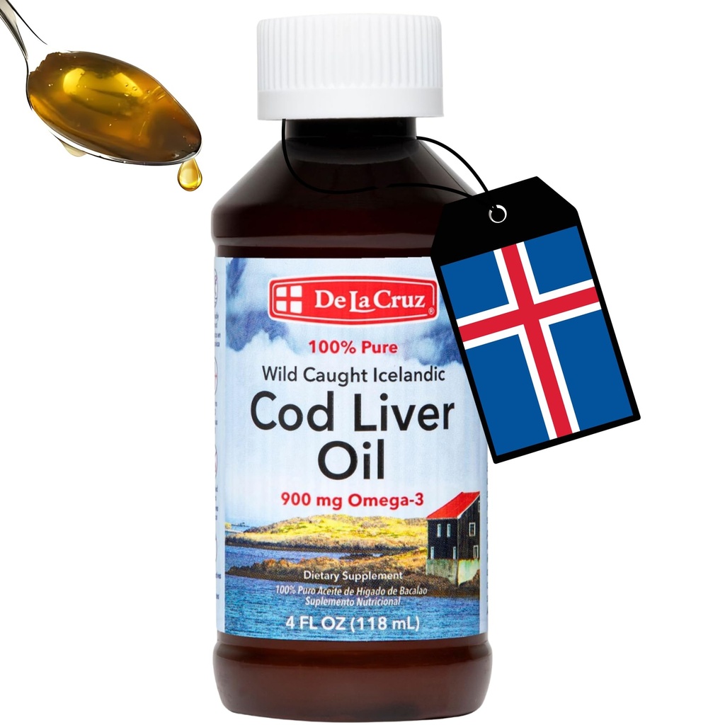 De La Cruz Cod Liver Oil Liquid Pure Wild Caught Icelandic Fish Oil Rich in Vitamin D & Omega 3 Fish Oil, Omega 3 Supplements 4 FL OZ (118 mL)