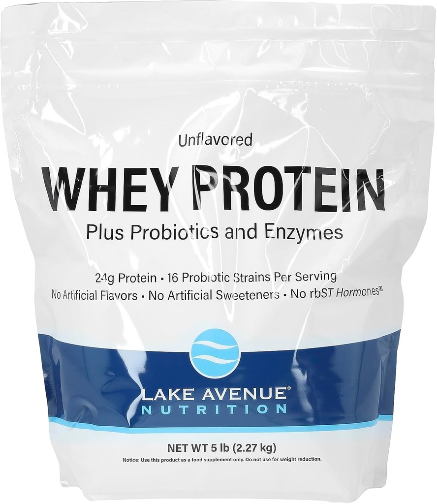 Lake Avenue Nutrition Whey Protein Plus Probiosis và Enzymes, Unflavated, 5 lb (2.27kg)