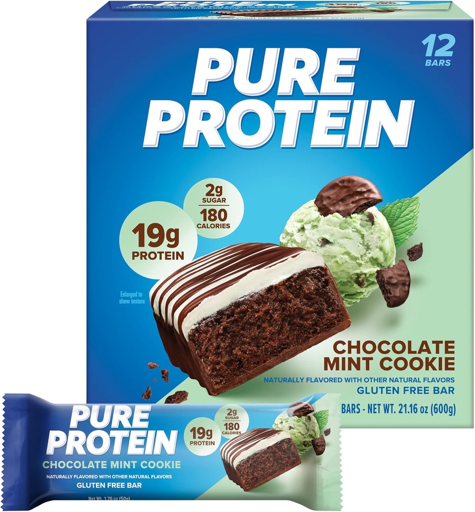 Pure Protein Bars, Yüksək Protein, Enerji, Aşağı Sugar, Gluten pulsuz, Şokolad Mint Cookie,1.76oz, 12 Count (Paket May Vary)