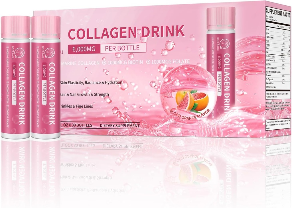 Bebida de coláxeno con 6000 mg de peptides de coláxeno mariño, Liquid Collagen Shots for Women Support Beauty, suplementos de coláxeno para pel, cabelo e benestar nail, 0.85 Fl.Oz(25 ml)x30 botellas, Orange sangue