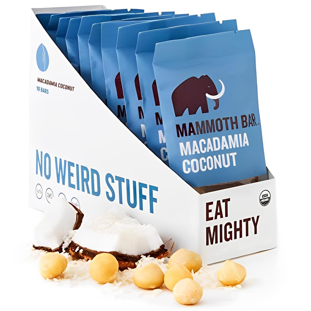 Mammoth Bar Macadamia Coconut Bar - 10 Organic Protein Bars – High Fiber • Paleo • Gluten Free • Egg Protein • GMO Free • Raw • Premium Nuts • Prebiotic