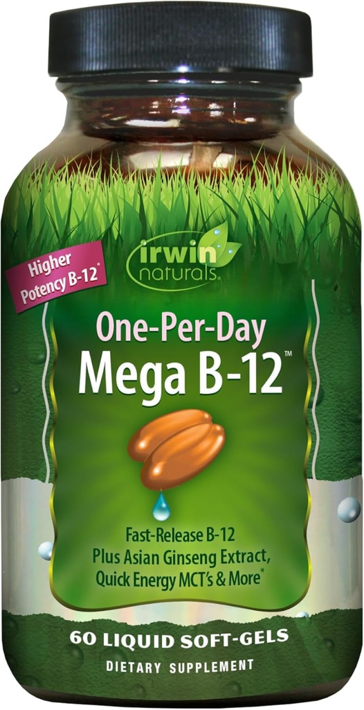 Irwin Naturals Mega B-Complex - 60 Šķidrie softgeli - B vitamīna komplekss ar B12 vitamīnu, B9 folātu, B7, B1, B2, B3, B5, B6 un Quick Energy MCT