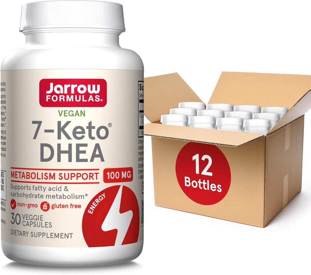 Jarrow Formulas 7- Keto DHEA 100 mg, Dietary Supplement for Fatty Acid and Carbohydration Support, 30 Veggie Capsules, 15- 30 Day Supply, Pack of 12