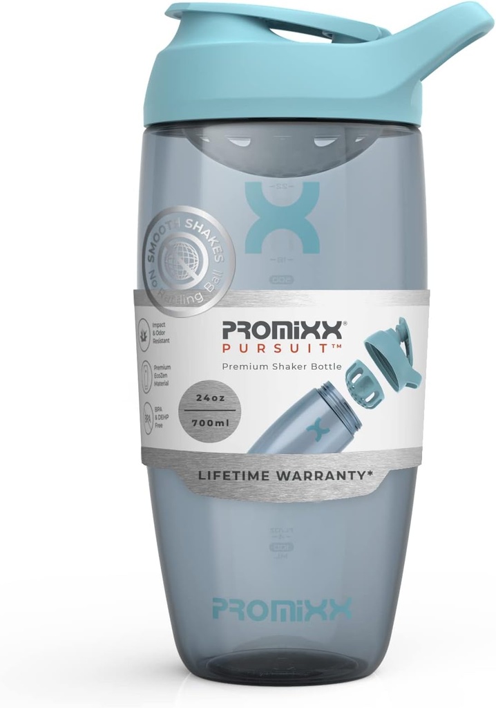 Promixx Pursuit Protein Shaker Bottle (24 oz) – Silent No-Ball Mixer, Leak-Proof Lid, BPA/BPS & Phthalate-Free ECOZEN – Easy-Clean Shaker Cup for Protein Shakes, Pre & Post-Workout Smoothies
