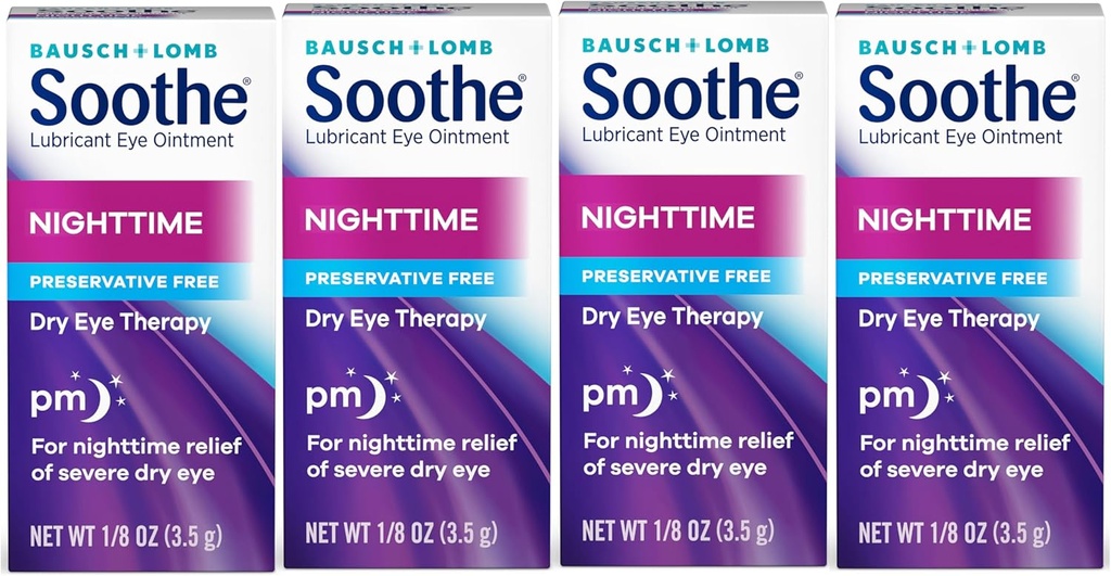 Soothe Eye Ointment by Bausch & Lomb, Lubricant Relief for Dry Eyes, Moisturizing & Comforting Nighttime Dry Eye Therapie, Geschikt voor gevoelige ogen, Conservative Free, 3,5 g - 4 Pack