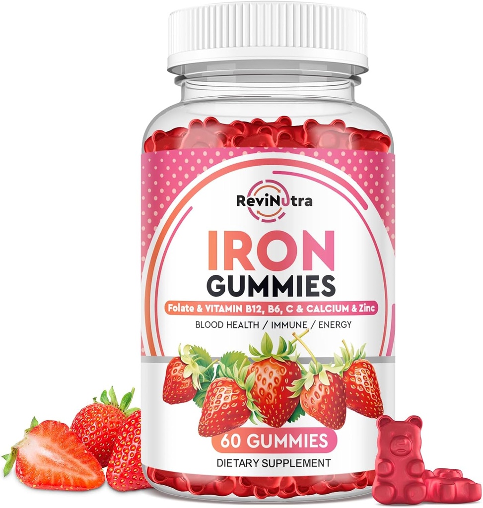 Gummie di ferro - con Calcio, Zinco, Folato e Vitamina B12, C, B6 per adulti e bambini - Sangue Builder & Energy Support per la carenza di ferro, Anemia, Vegan - 60 Gummies