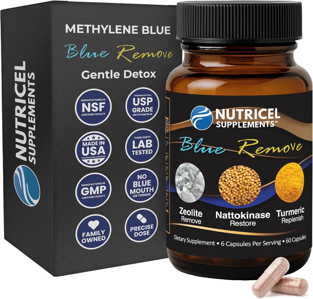 Nutricel Metyleno Blue Kapsułki z Zeolitem Mikronicznym, Nattokinazą (Non-GMO), Turmeric, Bromelain i NAC - Trusted Made in America Brand - 18mg (USP Reference Compliant) Trzecia Tested (60ct)