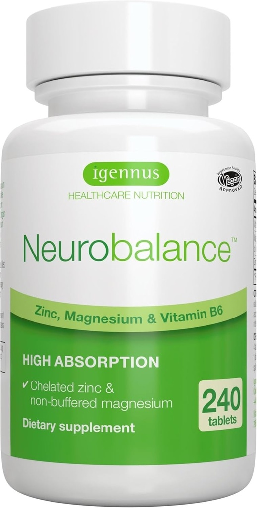 Igennus cân bằng thần kinh cao độ Absorption Zinescium & B6, Cognitive Recovery, 24mg Chelated Zacc Picolion, All Day Nutrient case, Vegan, Non-GMMO, 240 Conpets