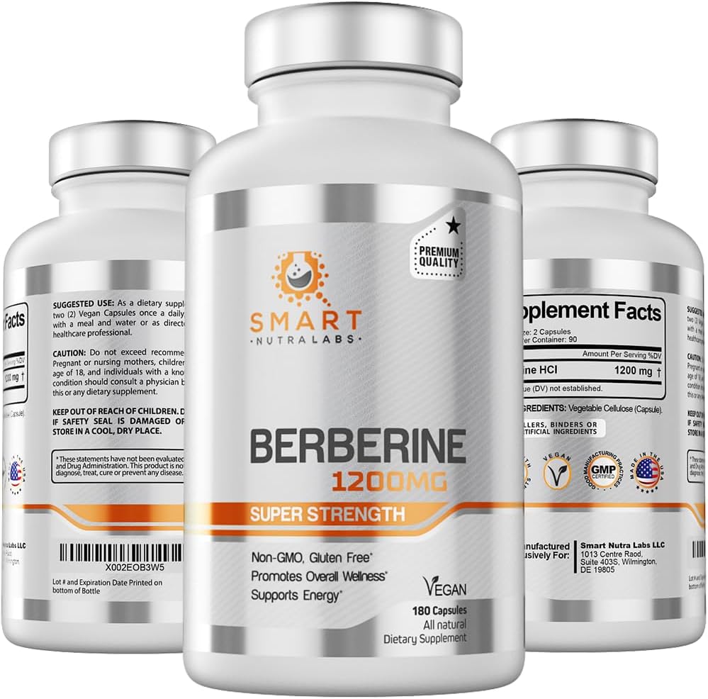 Smart Nutra Labs Premium Berberine HCL 1200 mg- 180 Vegan kapsler, 100% ren berberin Supplement- Ikke-GMO, Glutenfri