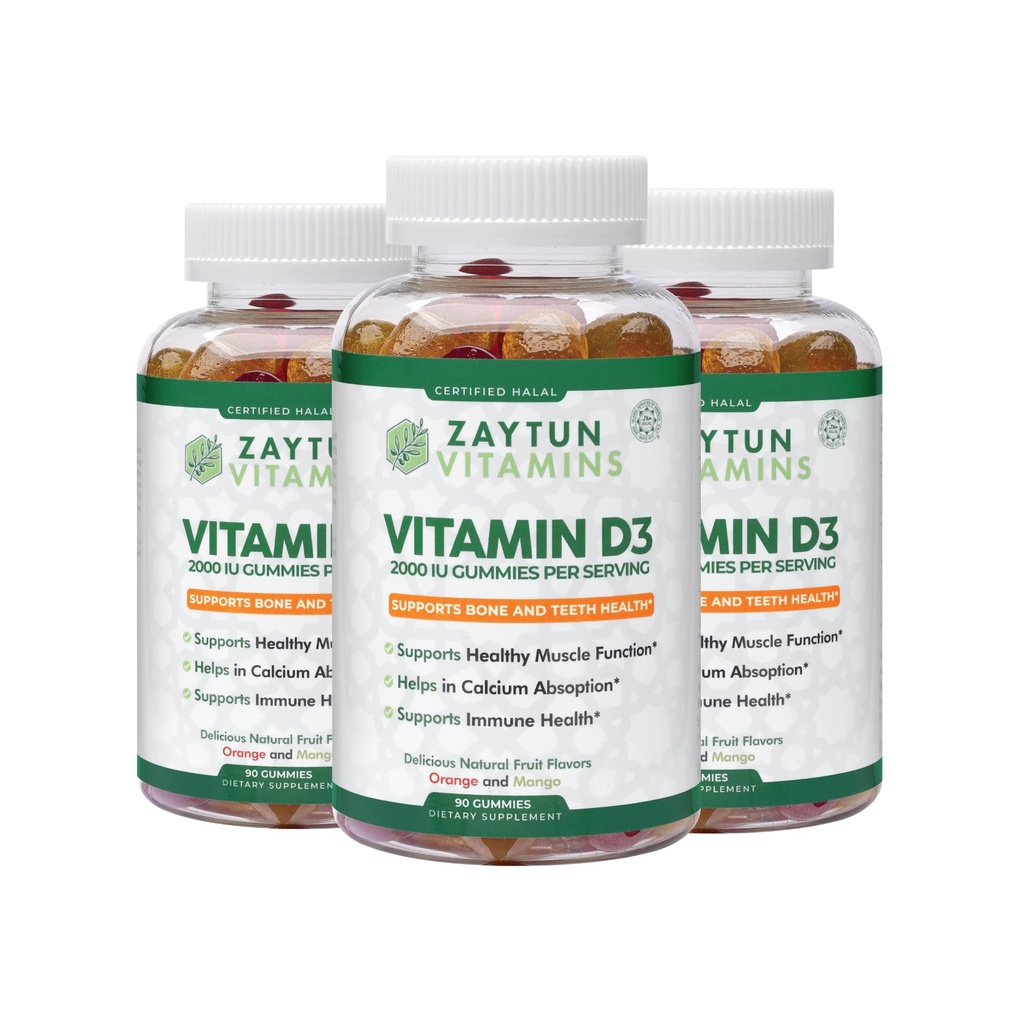Zaytun Halal Vitamin D3 2000 IU Gummies, Supports Bone & Immune Health, Promotes Muscle Function, Gluten & Gelatin Free, (3-Pack) - Made in USA