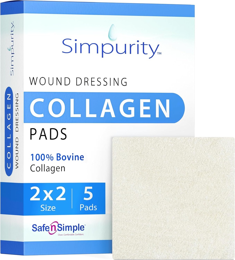 Kolagēns Dressing Pads - 2" x 2" 5 Count Collagen Pads for Wounds - Neadekvāts kolagēns Dressing for Wound Care - Safe n' Simple Wound Care Supplies