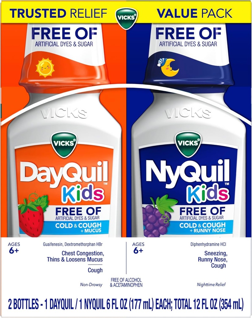 Vicks Kids DayQuil & NyQuil Cold & Cough Relief Liquid Co-pack, vrij van kunstmatige kleurstoffen en suiker, multi-symptom Relief of Cough, Sneezing, Runny Nose, Slijm, en borstcongestie, voor leeftijden 6+, 2x6oz
