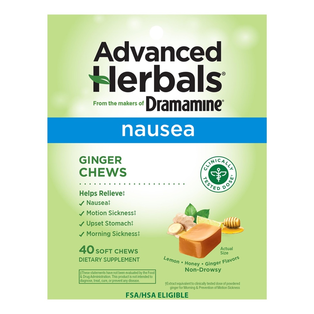 Dramamine Advanced Herbals Ginger Chews, Nausea Relief, Lemon-Honey, 40ct | From the Makers of Dramamine, Non-Drowsy, Morning Sickness Relief & Motion Sickness Relief During Travel, Soft Chews