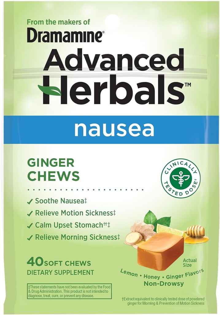 dari The Makers of Dramamine, Advanced Herbals, Ginger Chews, Nausea Relief Soft Chews Lemon- Honey- Ginger, 40 Count