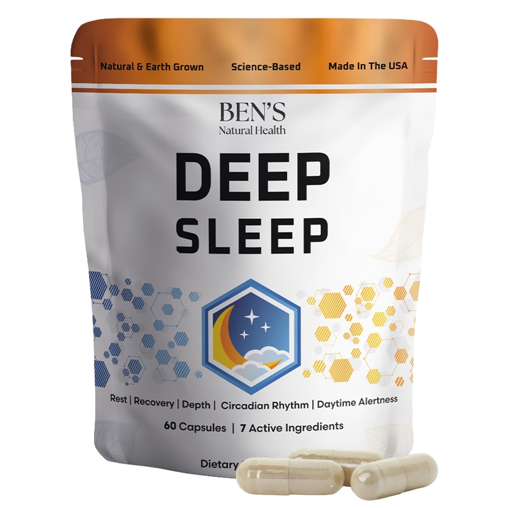 Ben's Natural Health Deep Sleep Support Supplement with Melatonin, Ashwagandha, L-Theanine, Chamomile and Lavender, 60 Capsules