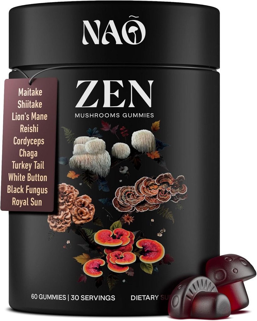NAO Ražots ASV 10-in-1 Mushroom Gummie Nootrop – Premium Blend with Reishi, Lion’s Mane, Chaga, Cordyceps, Shiitake, Maitake & Turkey Aste for Brain, Immune & Energy Support –Non-GMO, Vegan