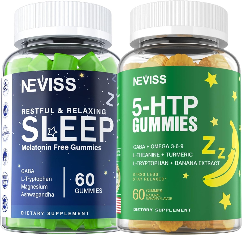 Melatonin Free Sleep Aid Gummies + 5-HTP Gummies for voksne , med GABA, L-Theanine, L-Tryptophan, Magnesium, Ashwagandha, Turmeric - Ikke-Habit Forming, Banan Extract Hjelp for dyp avslapping, Rolig