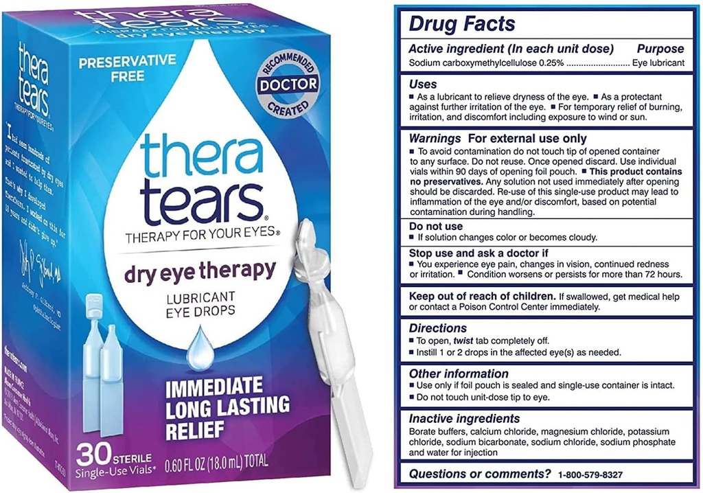 TheraTears Dry Eye Therapy Lubricating Eye Drops for Dry Eyees, Консервативни Безплатни капки за очи, 30 Флакони за еднократна употреба (3 Опаковка)