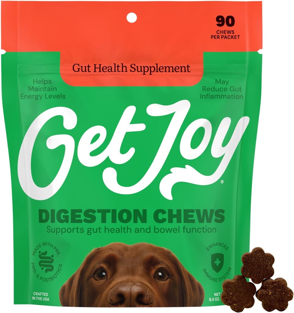 Obter Joy Digestion Chews, Gut Health Supplement for Dogs, Vet Recomendado Soft Daily Digestive Health & Imune Support com Prebióticos, Probióticos e Postbióticos, Made in USA, 90 Count