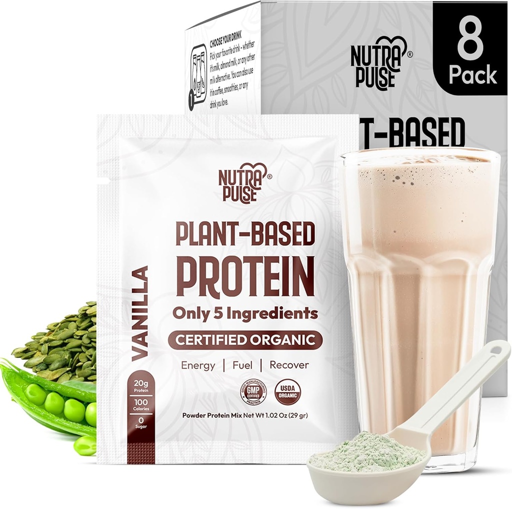 Vegan Protein Powder lagin-pakete organikoa - Landareetan oinarritutako proteina, Gluten-Free, Ez GMO, 20g Protein Per Service, Great for Smoothies & Shakes (Vanilla, 8ko paketea)