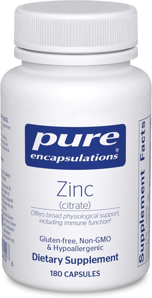 Pure Encapsulations Zinc (Citrate) - per Immune System, Tissue Development & Metabolism* - Supplemento minerale con enzimi - Zinco altamente assorbibile - Vegan & Non-GMO - 180 capsule