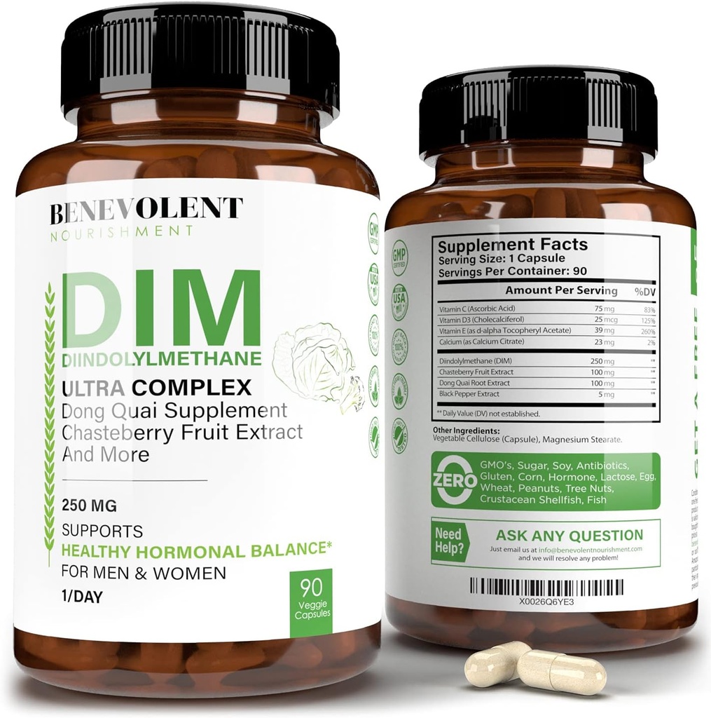 Neevolent Nourishment màxim de força DM, suplementari 250mmg, 90 Vones Diindolane Ultra complexo Plus Chasteber, Dong Quai Extrave + Més