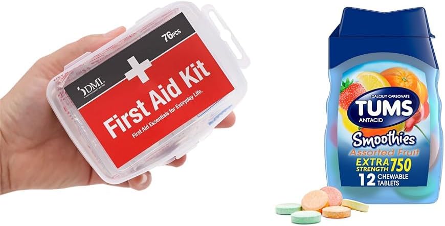 DMI 76-Piece First Aid Kit ve TUMS 12 Count Smoothies Ekstra Kuvvet 750 mguba Karbonat Antacid Chewable Tabletler Sche