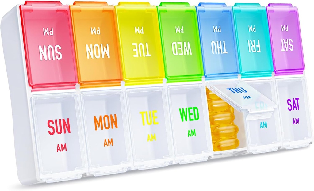 ZIKEE Rainbow Weekly Pill Organizer 2 Kali sehari untuk Easy Tracking, AM PM Pill Case, Kotak Pill Large 7 Hari Dua kali sehari, BPA-Free Medication Organizer for Pills, Vitamin, Fish Oils, Suplemen
